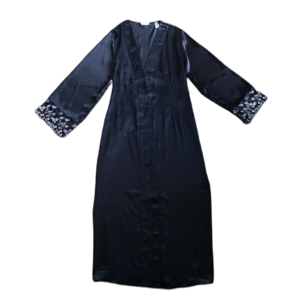 Vintage Valerie Stevens Full Length Glossy Black Kimono Floral Lace Robe - Picture 1 of 10